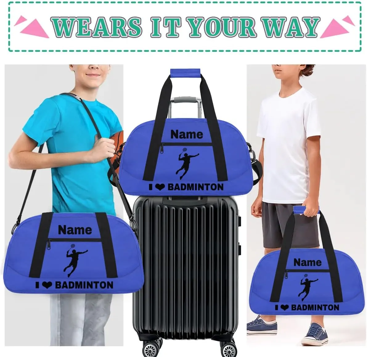 Custom Sport Duffel Bag Badminton Personalized Name Sports Bag Overnight Weekender Bag Waterproof Travel Sport Gym Bags, Blue
