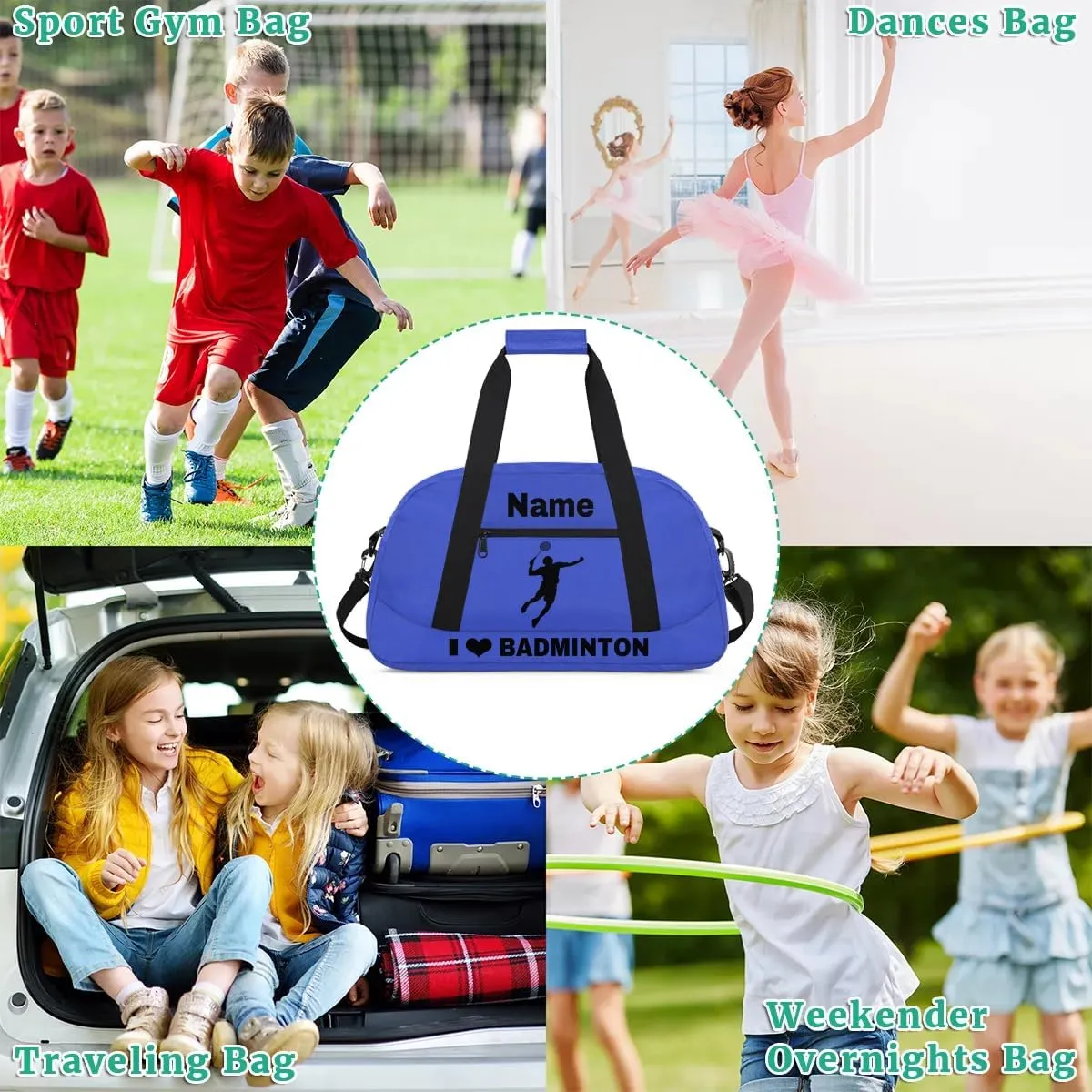 Custom Sport Duffel Bag Badminton Personalized Name Sports Bag Overnight Weekender Bag Waterproof Travel Sport Gym Bags, Blue
