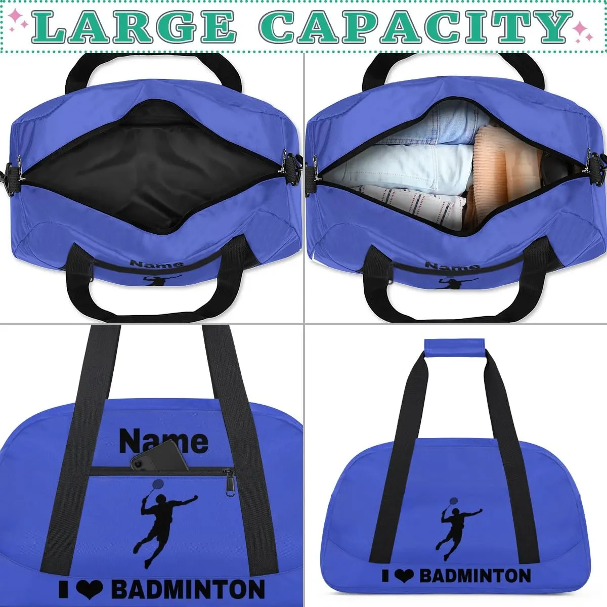 Custom Sport Duffel Bag Badminton Personalized Name Sports Bag Overnight Weekender Bag Waterproof Travel Sport Gym Bags, Blue