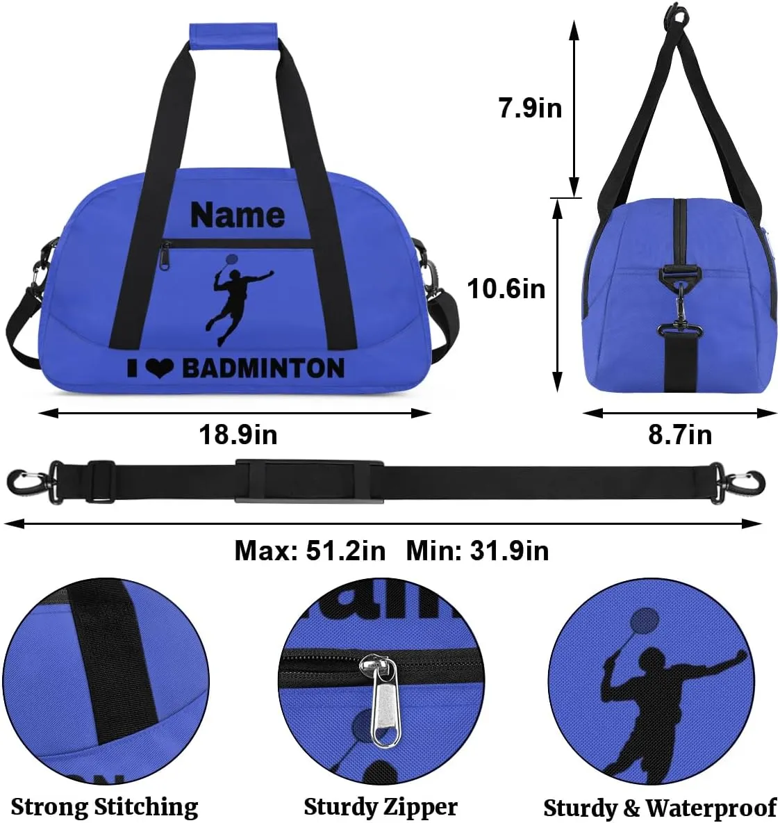 Custom Sport Duffel Bag Badminton Personalized Name Sports Bag Overnight Weekender Bag Waterproof Travel Sport Gym Bags, Blue