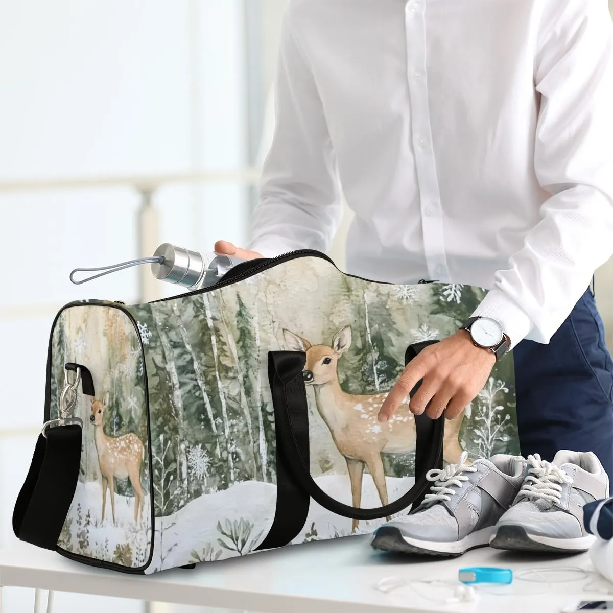 Cute Deer Travel Duffle Bag for Women Men Gym Duffel Foldable Bag Waterproof Weekender Forest Elk Duffle Tote