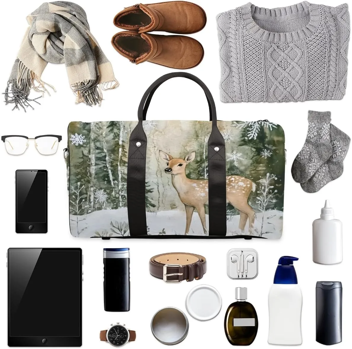 Cute Deer Travel Duffle Bag for Women Men Gym Duffel Foldable Bag Waterproof Weekender Forest Elk Duffle Tote