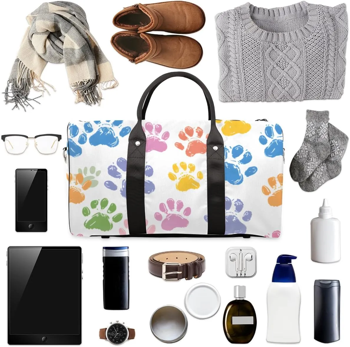 Cute Dog Paw Travel Duffle Bag for Women Men Gym Duffel Foldable Bag Waterproof Weekender Cat Paws Duffle Tote