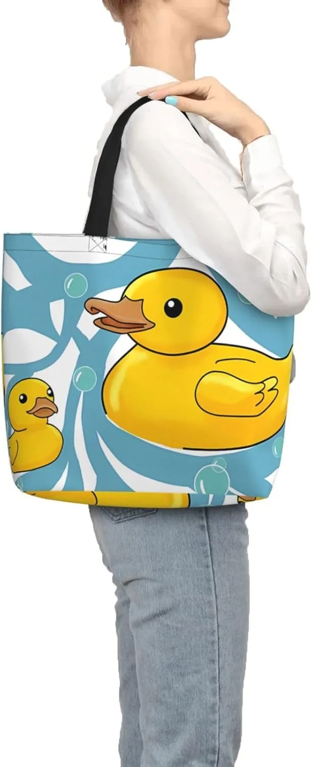 Cute Duck Print Tote Bag for Women Men Reusable Shoulder Bag for Lunch,Grocery,Shopping,Beach
