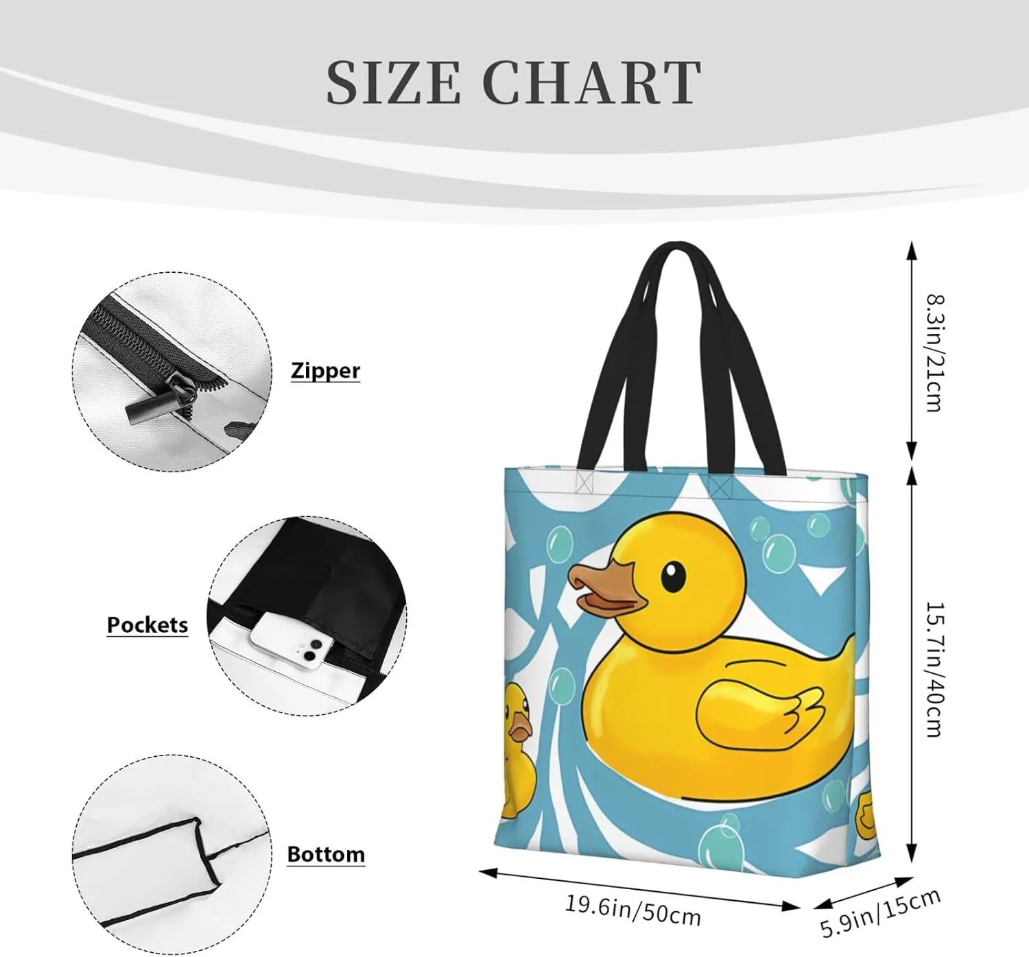 Cute Duck Print Tote Bag for Women Men Reusable Shoulder Bag for Lunch,Grocery,Shopping,Beach