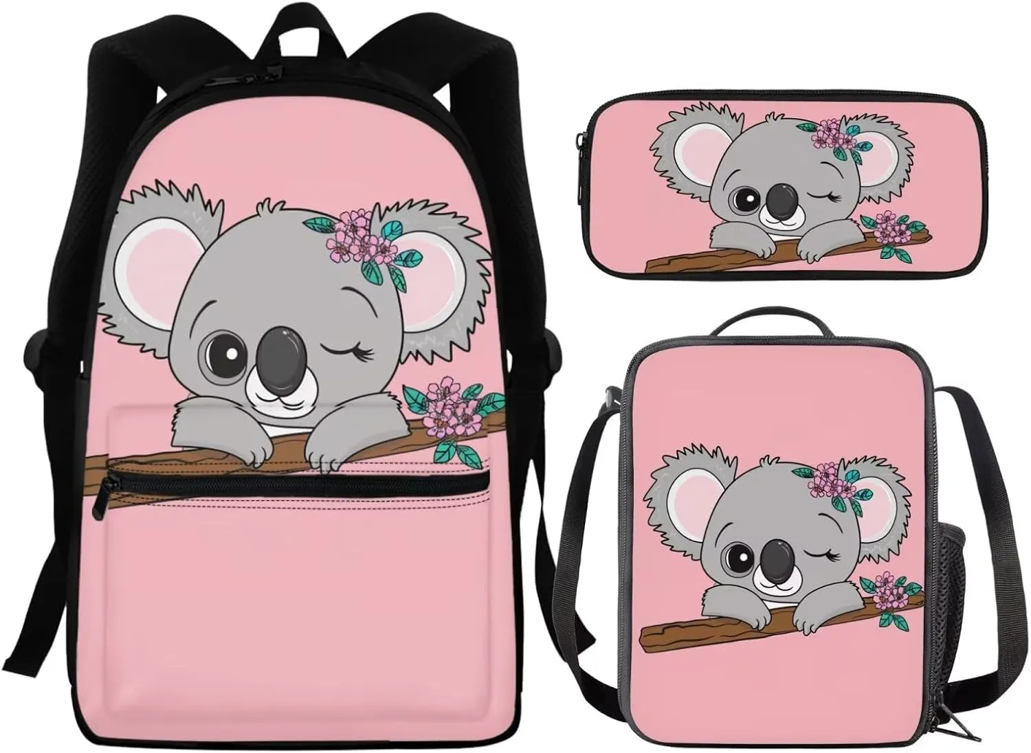 Cute Koala Girls Backpack With Lunch Box Preschool Elementary School Bag Kids Bookbags for 3nd 4th 5th 6th Grade Teen Schoolbags Pencil Case Kindergarten Student Back Packs Pink
