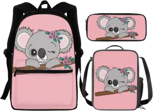 Cute Koala Girls Backpack With Lunch Box Preschool Elementary School Bag Kids Bookbags for 3nd 4th 5th 6th Grade Teen Schoolbags Pencil Case Kindergarten Student Back Packs Pink
