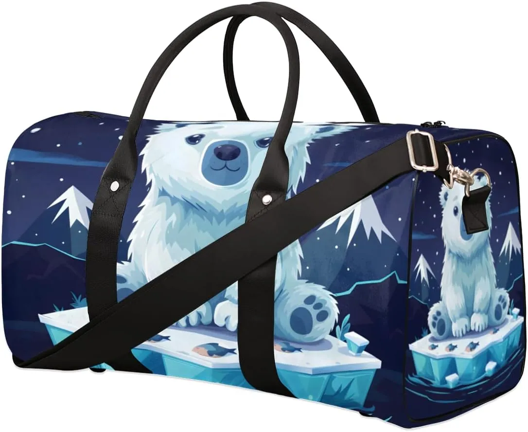 Cute Polar Bear Travel Duffle Bag for Women Men Gym Duffel Foldable Bag Waterproof Weekender Cartoon Iceberg Duffle Tote