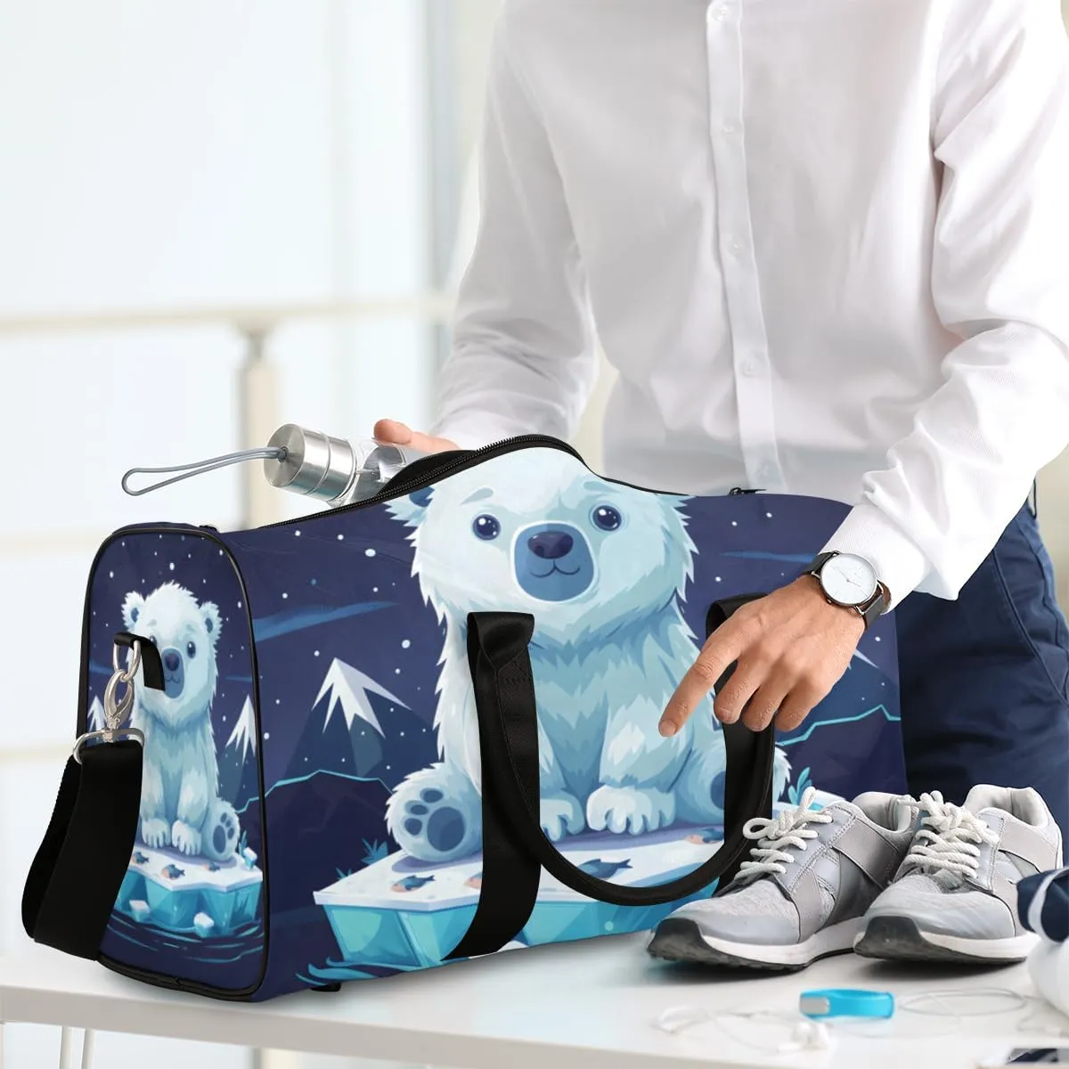 Cute Polar Bear Travel Duffle Bag for Women Men Gym Duffel Foldable Bag Waterproof Weekender Cartoon Iceberg Duffle Tote