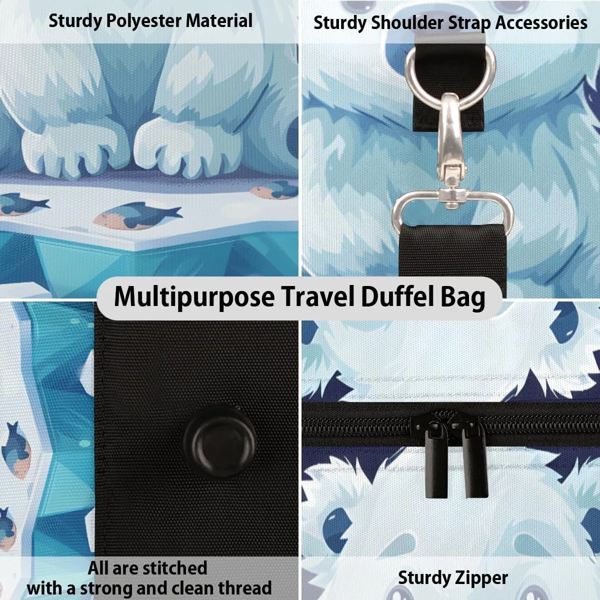 Cute Polar Bear Travel Duffle Bag for Women Men Gym Duffel Foldable Bag Waterproof Weekender Cartoon Iceberg Duffle Tote