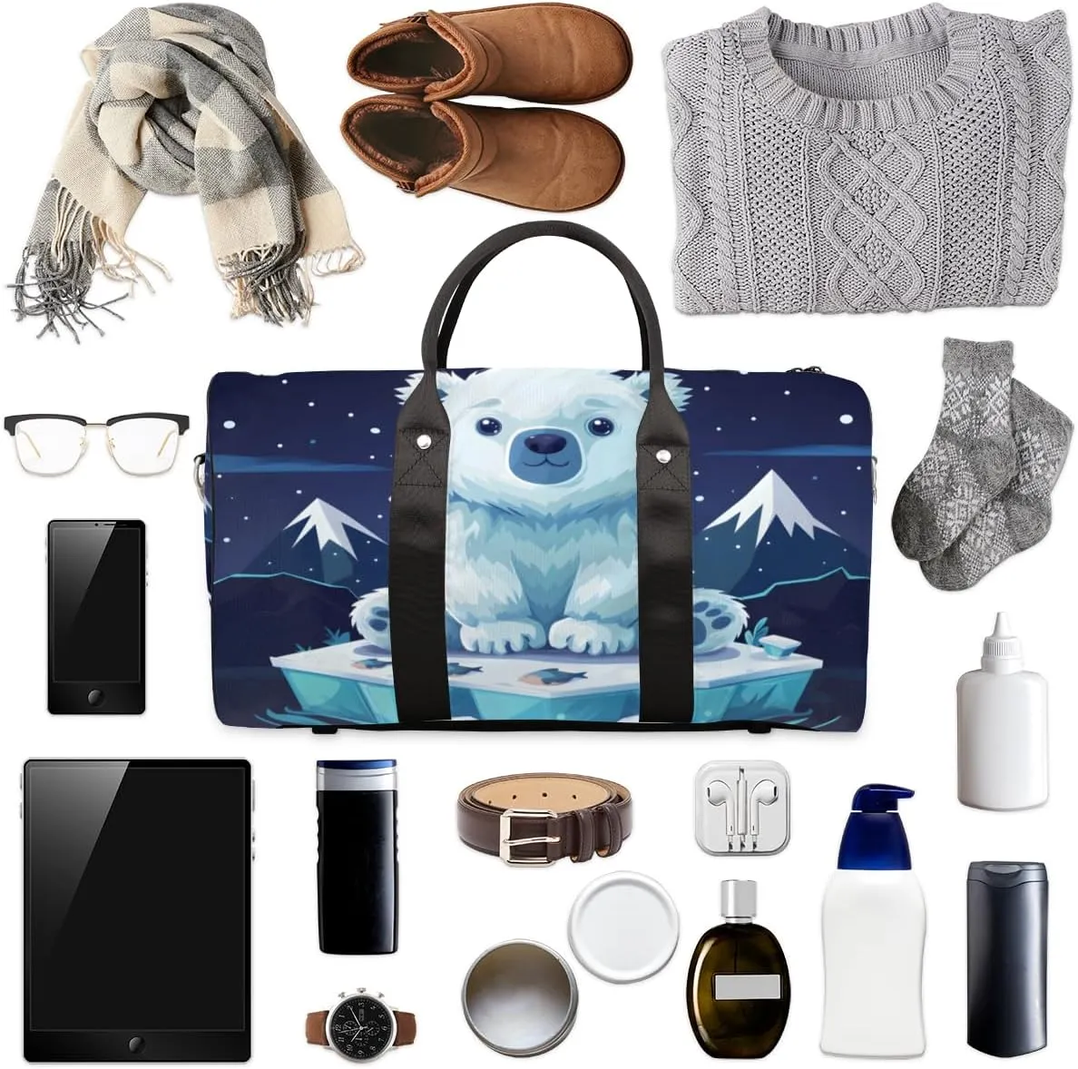 Cute Polar Bear Travel Duffle Bag for Women Men Gym Duffel Foldable Bag Waterproof Weekender Cartoon Iceberg Duffle Tote