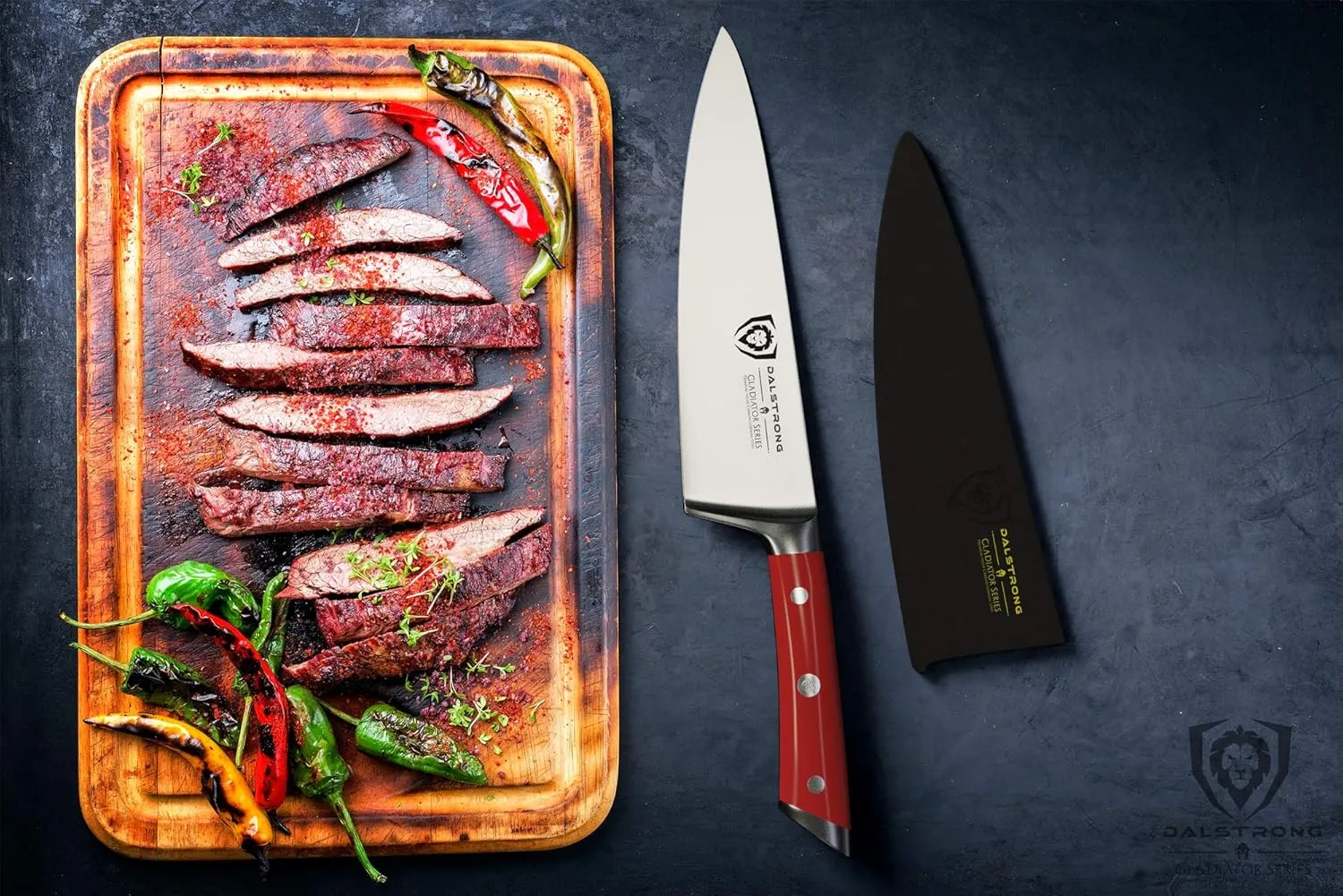 Dalstrong Chef Knife - 8 inch Blade - Gladiator Series - Forged High Carbon German Steel - Razor Sharp Kitchen Knife - Professional Full Tang Knives - Crimson Red Handle ABS - Sheath - NSF Certified