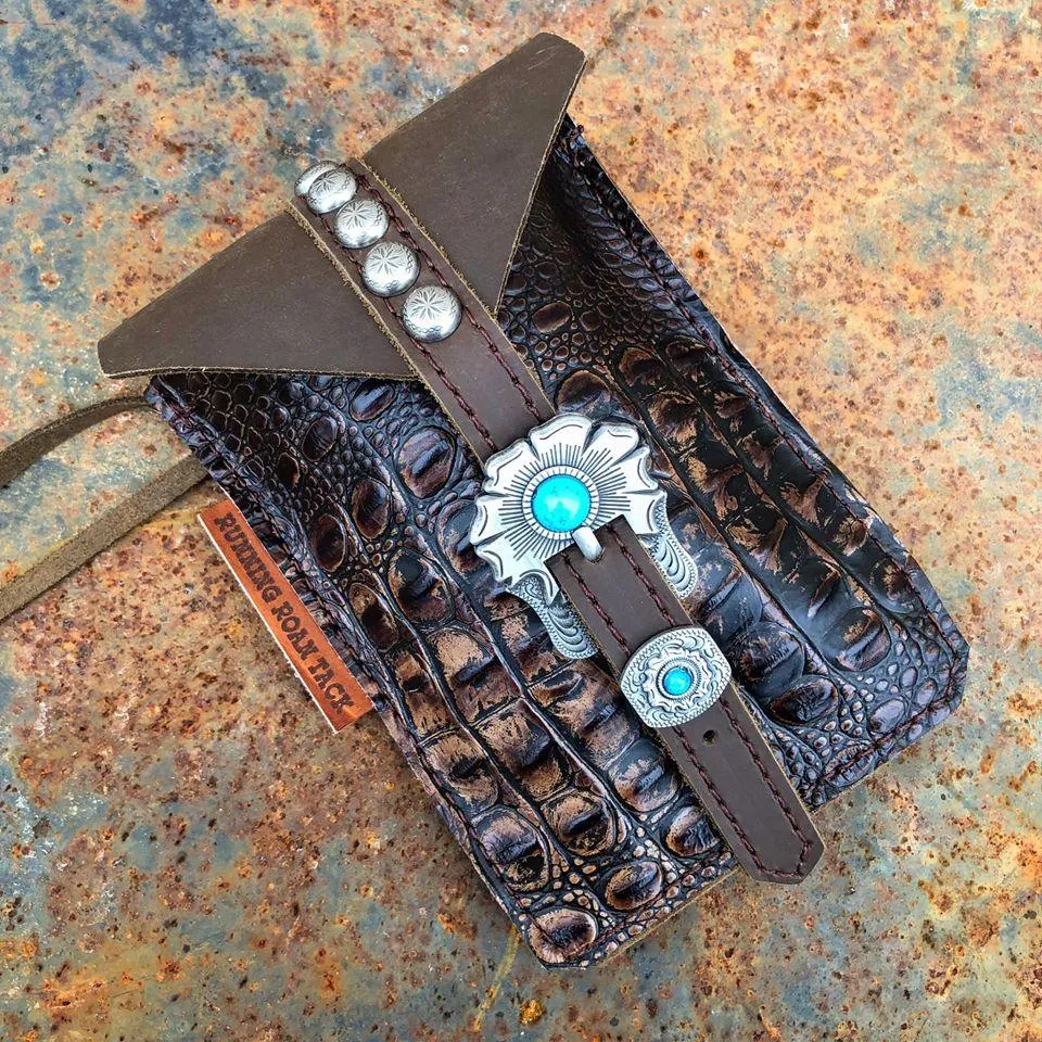 Dark Brown Croc Mini Saddle Bag with Your Choice of Buckle and Fringe for Phone, Keys, Roping Powder, etc