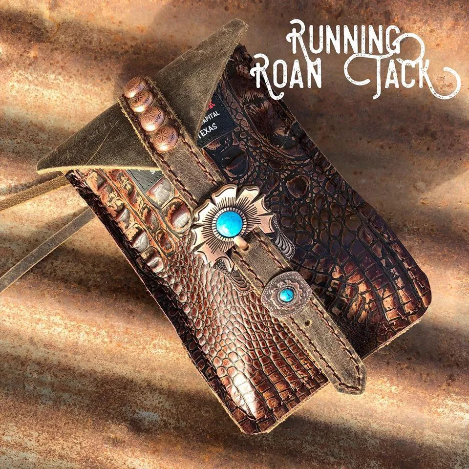 Dark Brown Croc Mini Saddle Bag with Your Choice of Buckle and Fringe for Phone, Keys, Roping Powder, etc