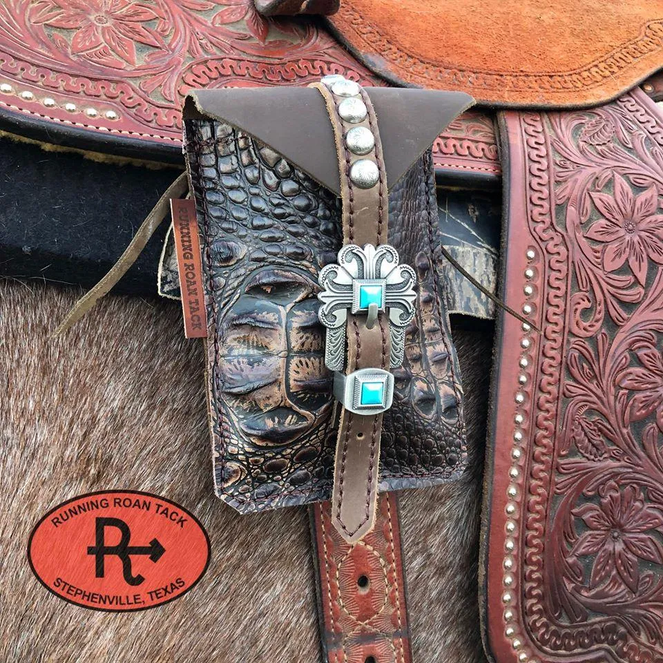 Dark Brown Croc Mini Saddle Bag with Your Choice of Buckle and Fringe for Phone, Keys, Roping Powder, etc