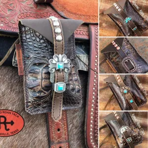 Dark Brown Croc Mini Saddle Bag with Your Choice of Buckle and Fringe for Phone, Keys, Roping Powder, etc
