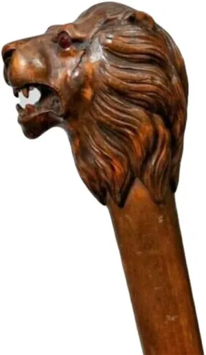 Dark Brown Wooden Walking Cane Stick Lion Head Animal Carved Handle
