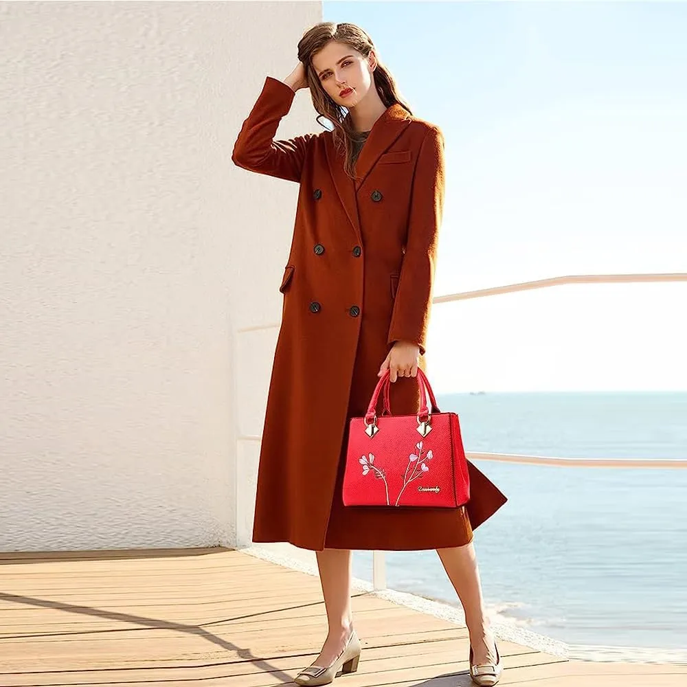 Dayfine Women Top Handle Purse Satchel Bag Faux Leather Handbag Embroidery Floral Bag Shoulder Bag Crossbody Bag Medium Tote