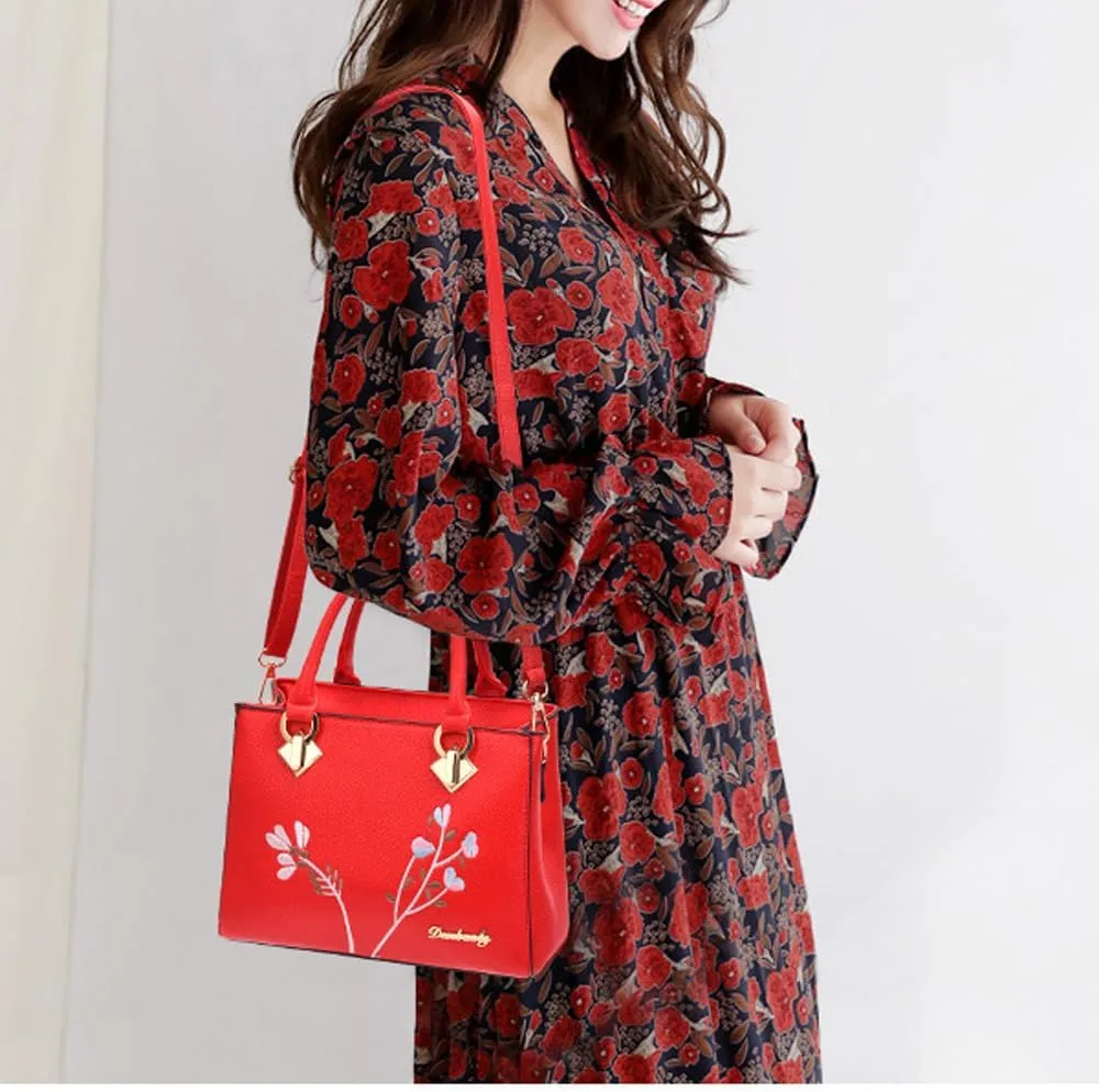 Dayfine Women Top Handle Purse Satchel Bag Faux Leather Handbag Embroidery Floral Bag Shoulder Bag Crossbody Bag Medium Tote