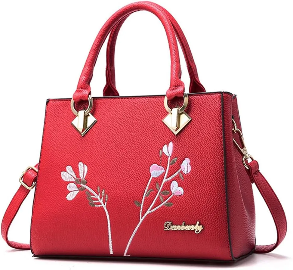 Dayfine Women Top Handle Purse Satchel Bag Faux Leather Handbag Embroidery Floral Bag Shoulder Bag Crossbody Bag Medium Tote