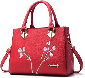 Dayfine Women Top Handle Purse Satchel Bag Faux Leather Handbag Embroidery Floral Bag Shoulder Bag Crossbody Bag Medium Tote
