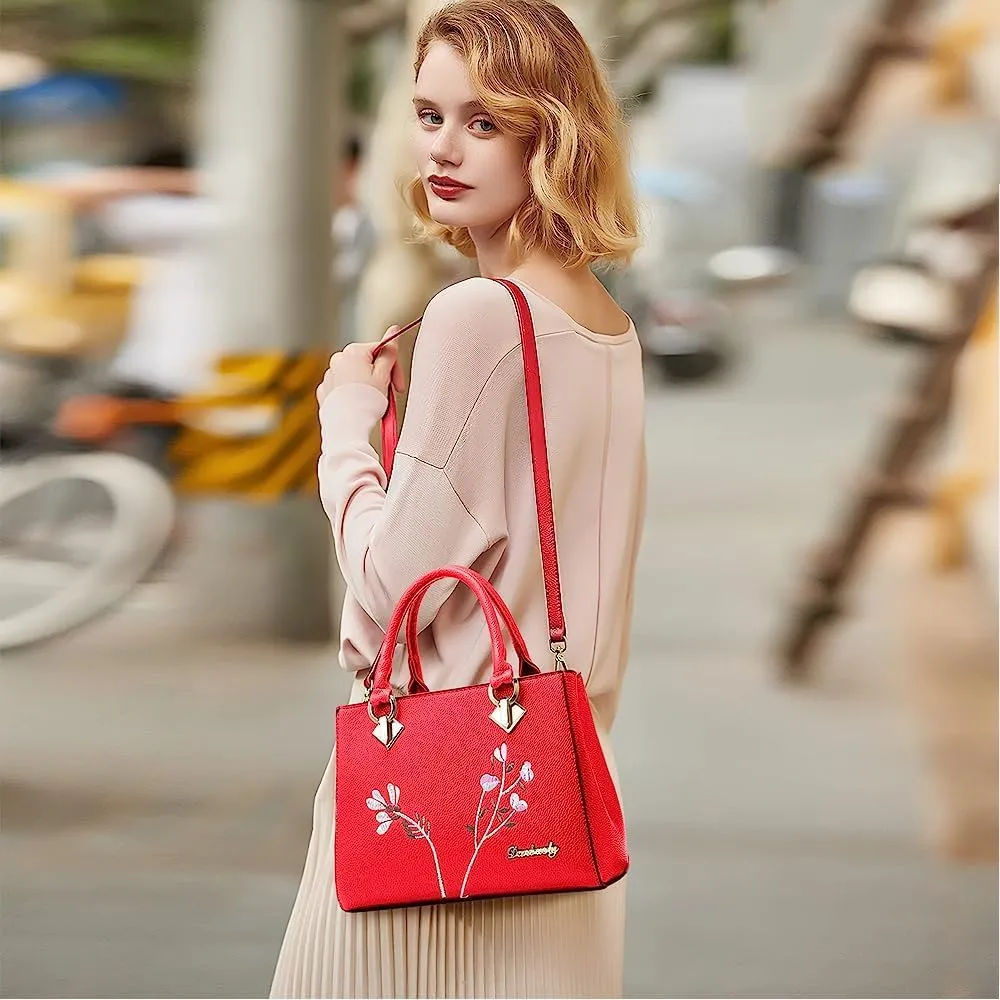 Dayfine Women Top Handle Purse Satchel Bag Faux Leather Handbag Embroidery Floral Bag Shoulder Bag Crossbody Bag Medium Tote