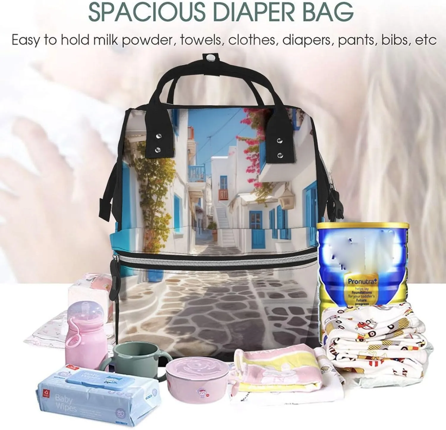 Diaper Bag Nappy Backpack Baby Bag Black and white tiger Mummy Backpack Multifunction Changing Bags for Travel, Greece Street, One Size
