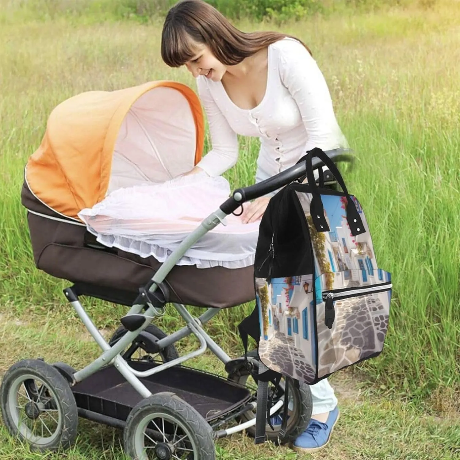 Diaper Bag Nappy Backpack Baby Bag Black and white tiger Mummy Backpack Multifunction Changing Bags for Travel, Greece Street, One Size