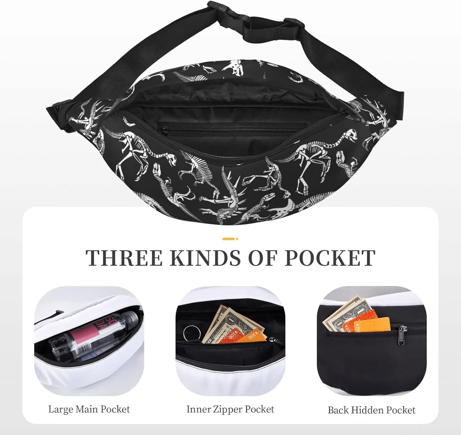 Dinosaur Large Crossbody Fanny Pack Belt Bag With 3 Zipper Pockets, Gifts For Sports Festival Workout Traveling Running Casual Hands Free Waist Pack Wallets Phone Bag