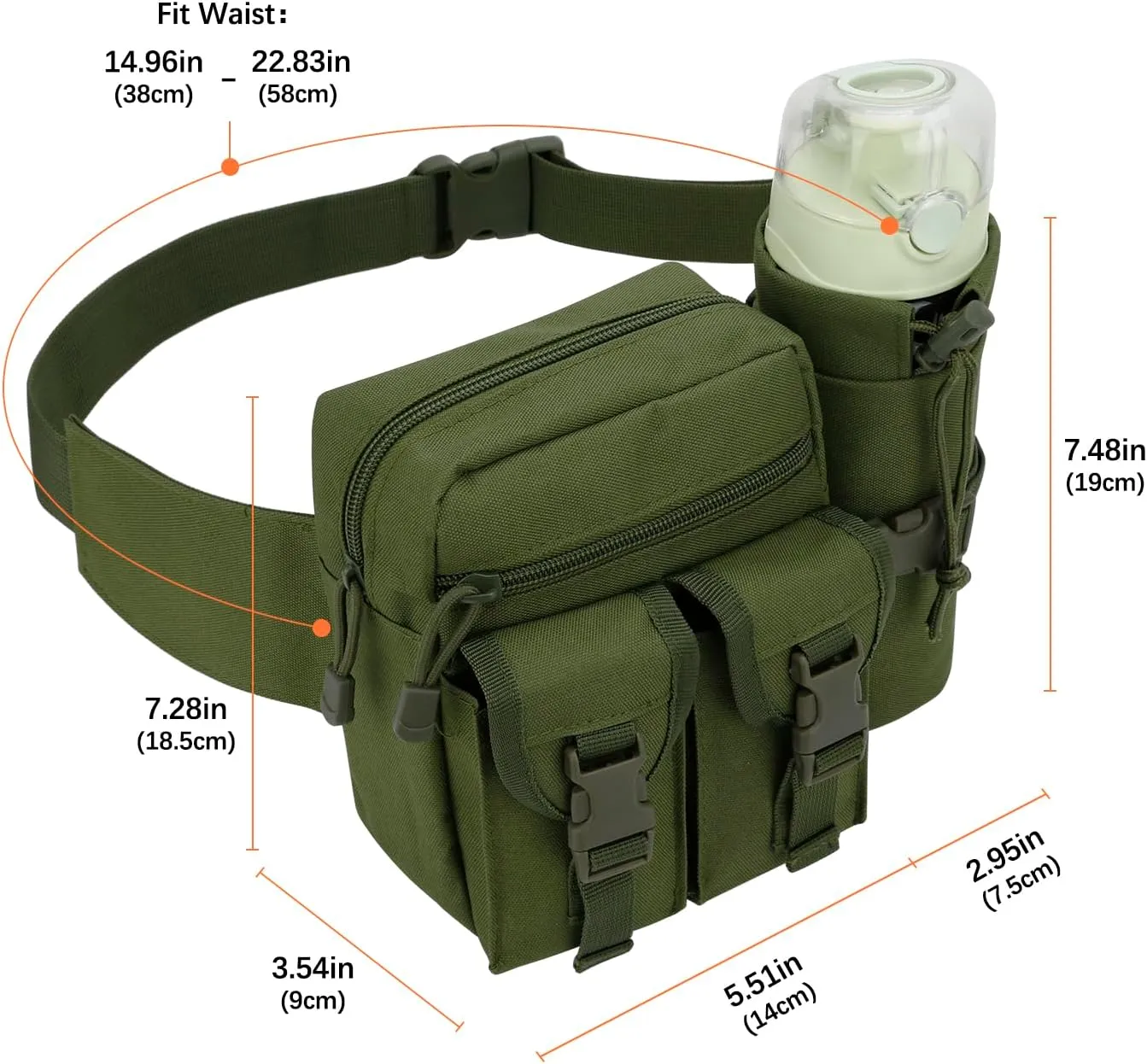 DOB SECHS Hiking Waist Bag with Detachable Water Bottle Holder and Adjustable Waist Belt Oxford Fanny Pack for Men Women Causal Belt Bag for Travel Outdoor Fishing Running Hiking Hunting,Green