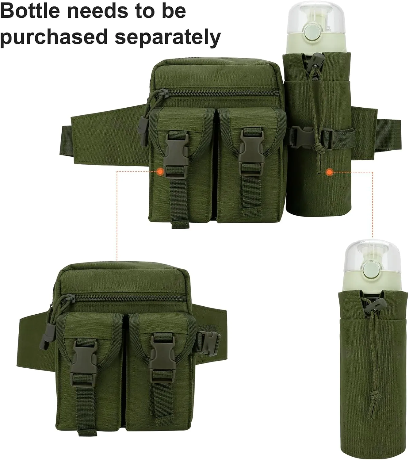 DOB SECHS Hiking Waist Bag with Detachable Water Bottle Holder and Adjustable Waist Belt Oxford Fanny Pack for Men Women Causal Belt Bag for Travel Outdoor Fishing Running Hiking Hunting,Green