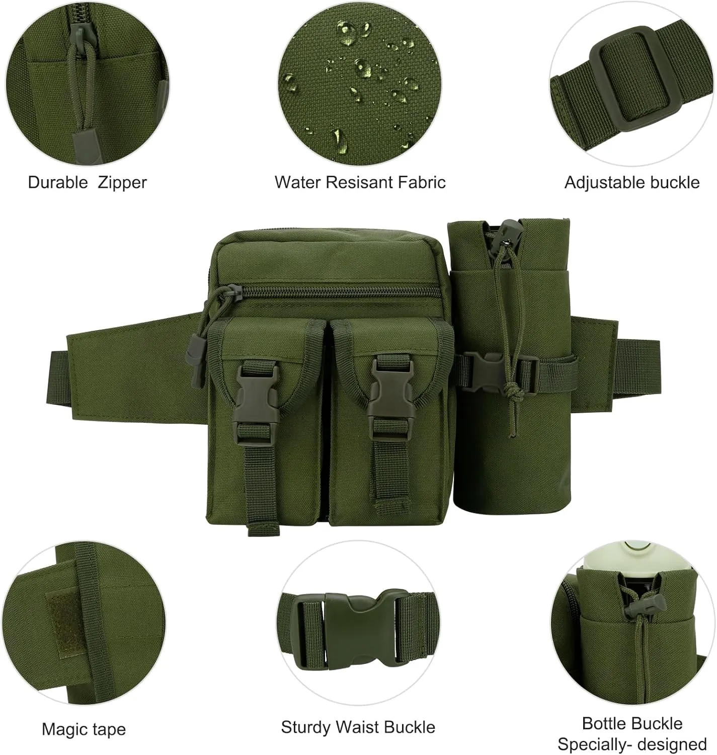 DOB SECHS Hiking Waist Bag with Detachable Water Bottle Holder and Adjustable Waist Belt Oxford Fanny Pack for Men Women Causal Belt Bag for Travel Outdoor Fishing Running Hiking Hunting,Green