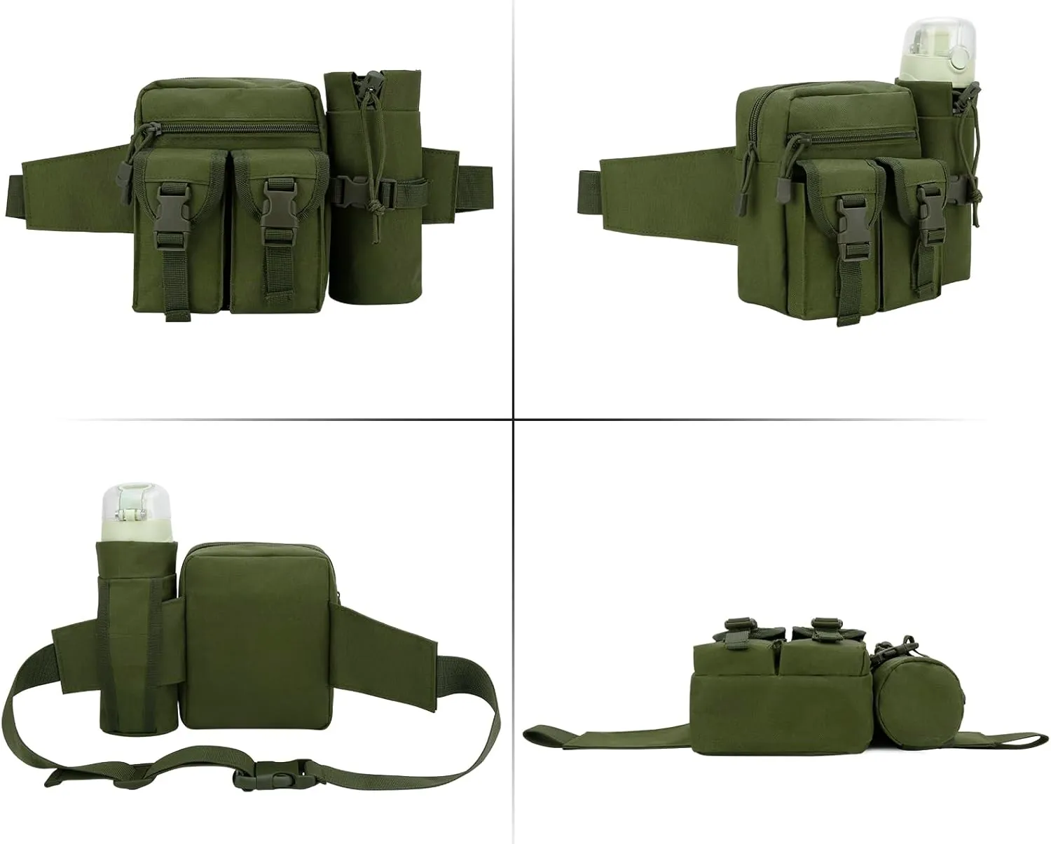 DOB SECHS Hiking Waist Bag with Detachable Water Bottle Holder and Adjustable Waist Belt Oxford Fanny Pack for Men Women Causal Belt Bag for Travel Outdoor Fishing Running Hiking Hunting,Green