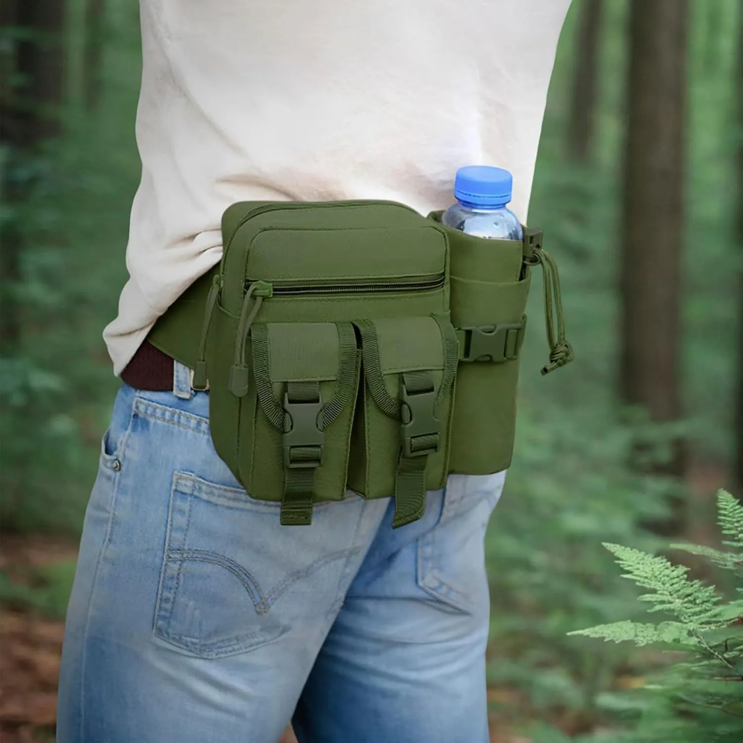 DOB SECHS Hiking Waist Bag with Detachable Water Bottle Holder and Adjustable Waist Belt Oxford Fanny Pack for Men Women Causal Belt Bag for Travel Outdoor Fishing Running Hiking Hunting,Green