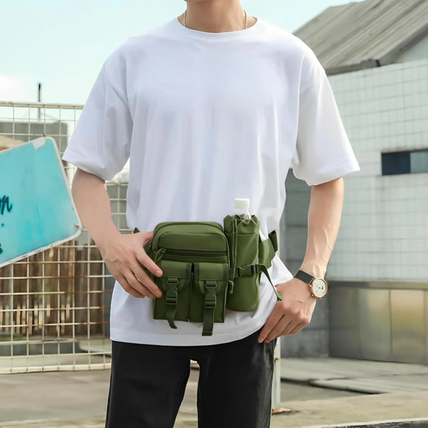 DOB SECHS Hiking Waist Bag with Detachable Water Bottle Holder and Adjustable Waist Belt Oxford Fanny Pack for Men Women Causal Belt Bag for Travel Outdoor Fishing Running Hiking Hunting,Green