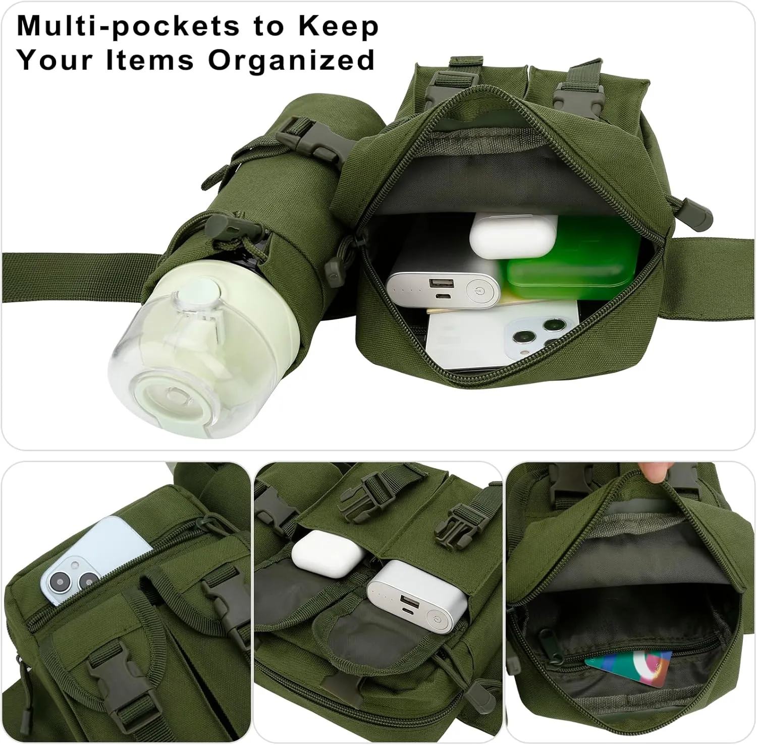 DOB SECHS Hiking Waist Bag with Detachable Water Bottle Holder and Adjustable Waist Belt Oxford Fanny Pack for Men Women Causal Belt Bag for Travel Outdoor Fishing Running Hiking Hunting,Green