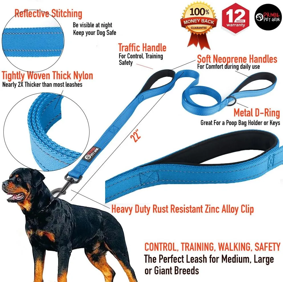 Dog Leash 8ft Long - Blue - Traffic Padded Two Handle - Heavy Duty - Double Handles Lead for Control Safety Training - Leashes for Large Dogs or Medium Dogs - Dual Handles Leads