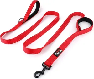 Dog Leash 8ft Long - RED - Traffic Padded Two Handle - Heavy Duty - Double Handles Lead for Control Safety Training - Leashes for Large Dogs or Medium Dogs - Dual Handles Leads