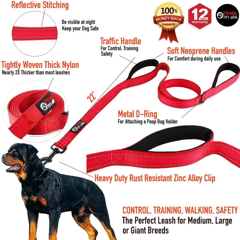 Dog Leash 8ft Long - RED - Traffic Padded Two Handle - Heavy Duty - Double Handles Lead for Control Safety Training - Leashes for Large Dogs or Medium Dogs - Dual Handles Leads