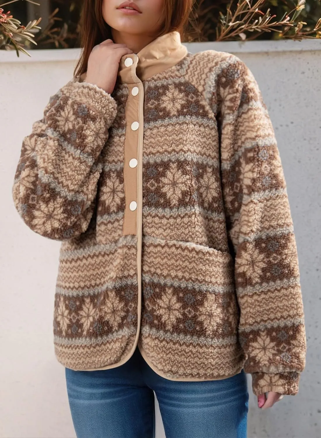 Dokotoo Women Fleece Jacket Casual Long Sleeve Sherpa Button Down Jackets for Women Printed Warm Coats With Pockets