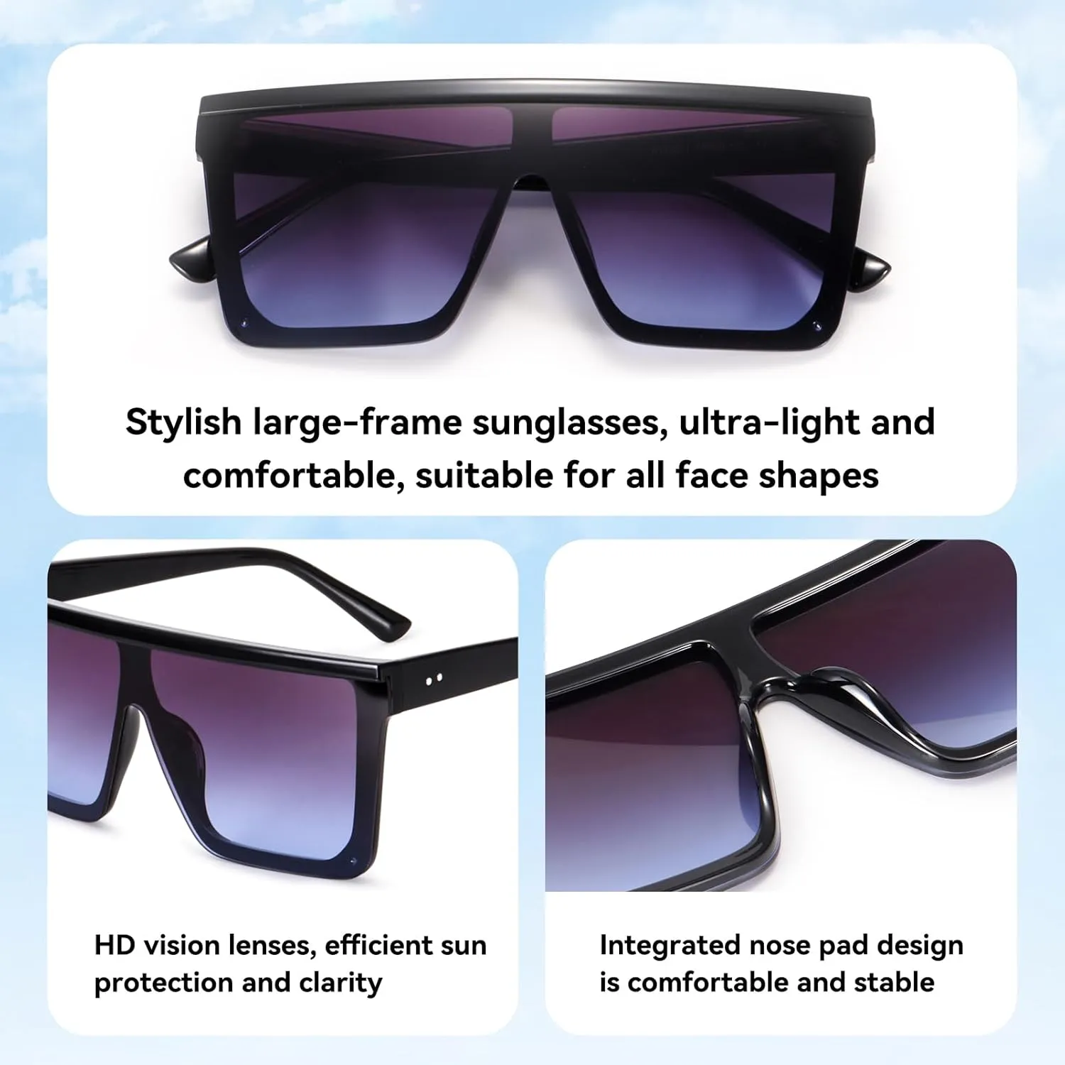Dollger Square Oversized Sunglasses for Women Men Fashion Flat Top Big Black Frame Shades