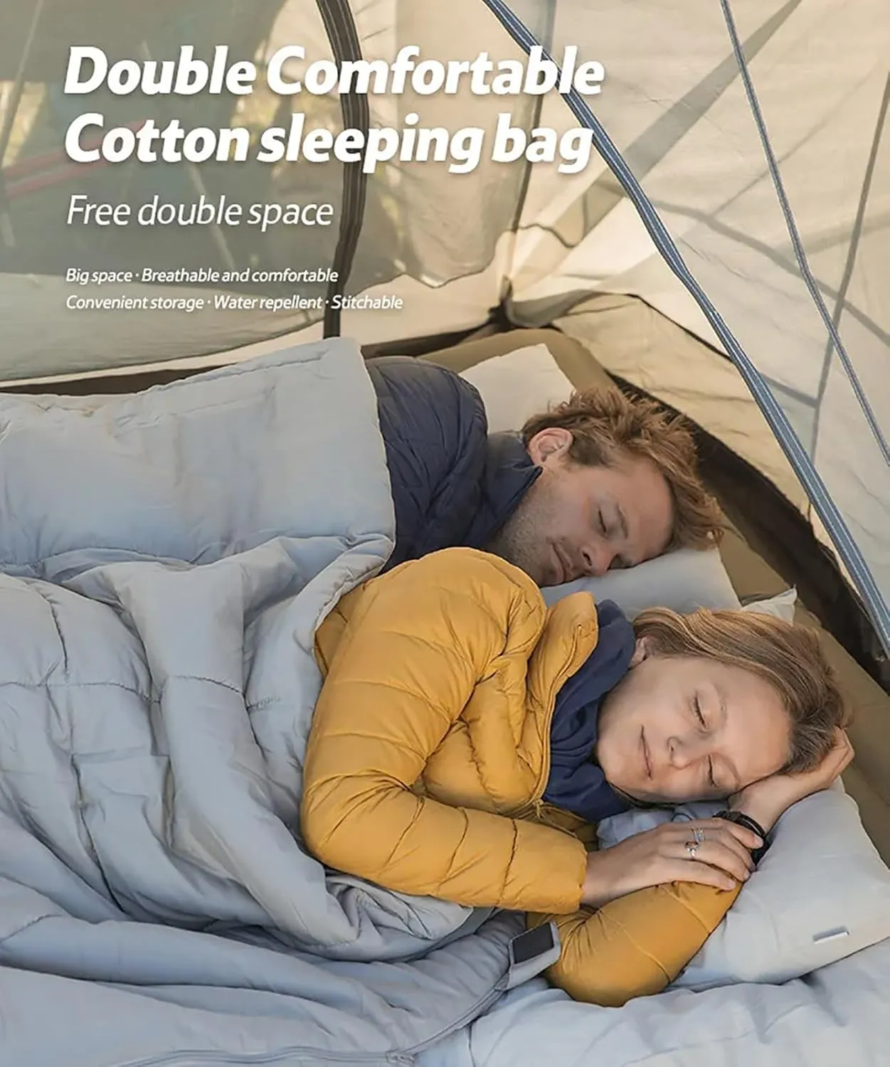 Double Sleeping Bag for Adults Mens with Pillow, Cotton Quilt with Pillow Double Bed Outdoor Camping Lightweight Detachable Portable 5℃~15℃