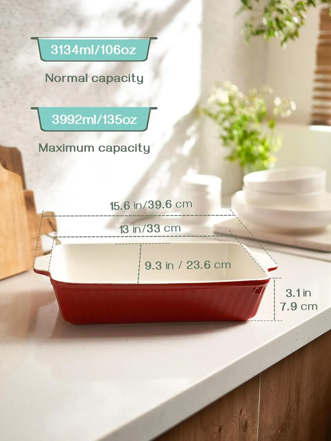 DOWAN 9x13-inch Deep Casserole Baking Dish for Lasagna, 135 oz Ceramic Pan with Handles, Oven Safe for Baking and Home Decor, Red