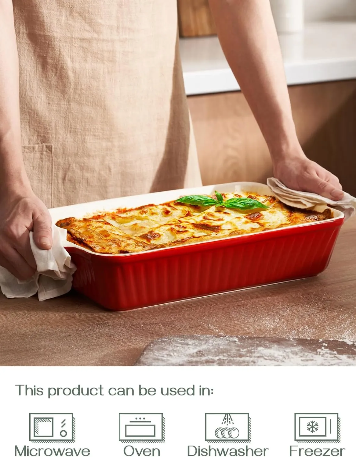 DOWAN 9x13-inch Deep Casserole Baking Dish for Lasagna, 135 oz Ceramic Pan with Handles, Oven Safe for Baking and Home Decor, Red