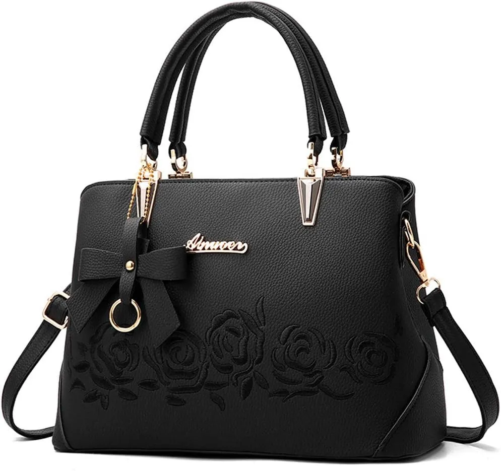 Downupdown Top Handle Bag Women Handbags Faux Leather Satchel Flower Embroidery Purse Medium Tote Bags Crossbody Shoulder Bag