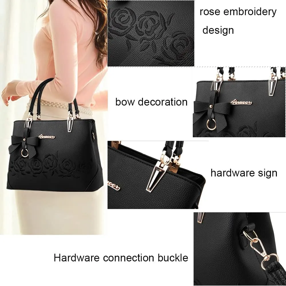 Downupdown Top Handle Bag Women Handbags Faux Leather Satchel Flower Embroidery Purse Medium Tote Bags Crossbody Shoulder Bag
