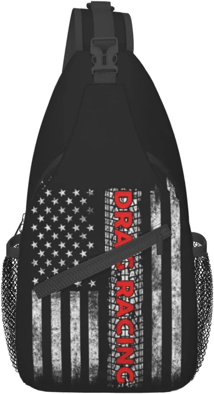 Drag Racing American Flag Sling Backpack Travel Crossbody Casual Chest Shoulder Bag Fashion Fanny Pack