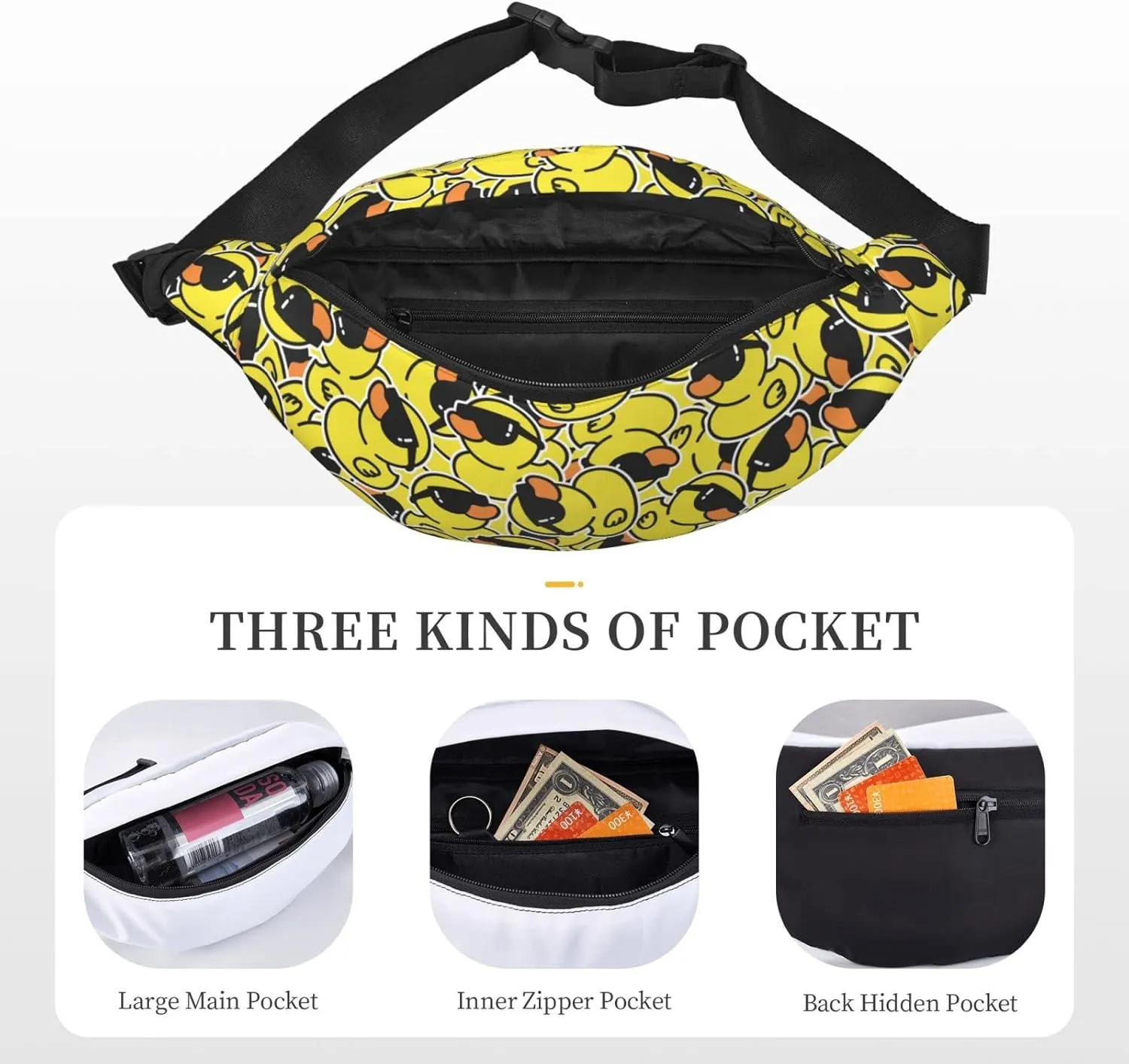 Duck Large Crossbody Fanny Pack Belt Bag With 3 Zipper Pockets, Gifts For Sports Festival Workout Traveling Running Casual Hands Free Waist Pack Wallets Phone Bag
