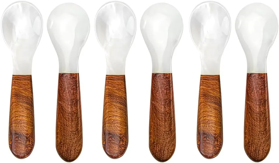 DUEBEL Set of 6 Caviar Spoons with Wooden Handle, 12cm Mother of Pearl Spoons for Caviar Serving, Egg Serving, Catering Deroration