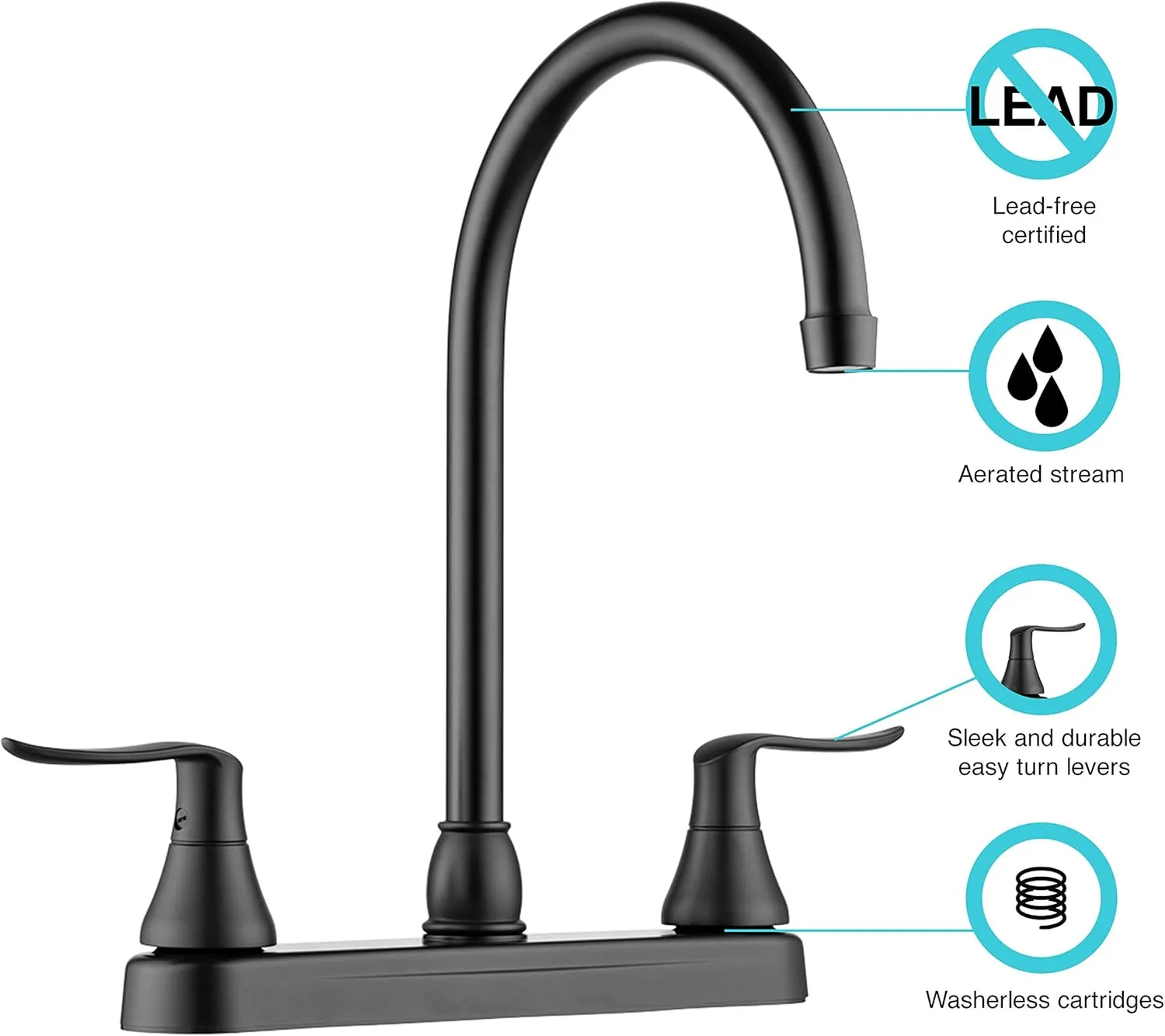 Dura Faucet DF-PK330HLH-MB RV Elegant J-Spout Swivel Kitchen Sink Faucet - Two Handle (Matte Black)